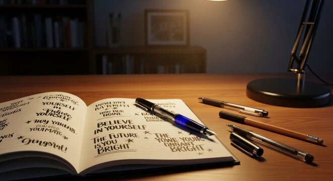Open notebook with motivational quotes and pens on desk