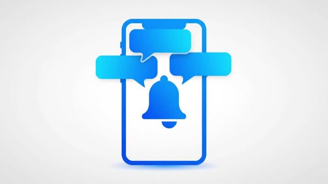 Blue smartphone notification icon with bell and chat bubbles, mobile app alert concept, digital communication and messaging reminder graphic