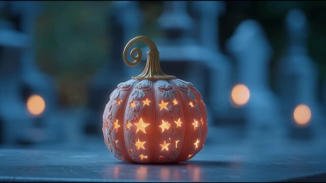 Glowing carved pumpkin with star cutouts sits on a dark wooden surface illuminated by warm lights in a festive Halloween scene perfect for seasonal marketing