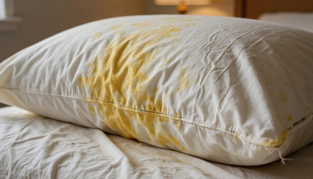 Close up of a stained pillowcase on a bed with a dirty, unmade bed in the background