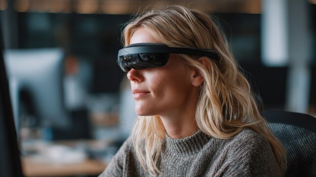 Professional Woman Using Screen Reader Technology at Work While Demonstrating Accessibility in a Modern Office Environment