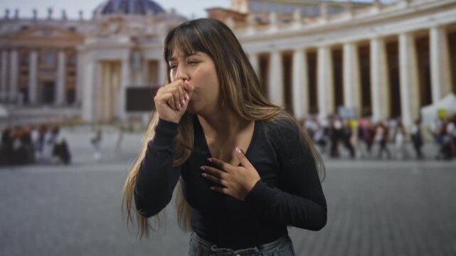 Young woman coughing into her fist, hand pressed to chest, standing on a busy street beside a monumental colonnade and crowd; distress illness.