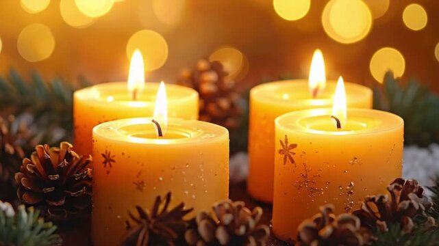 Four lit candles with pine cones and festive bokeh lights for holidays