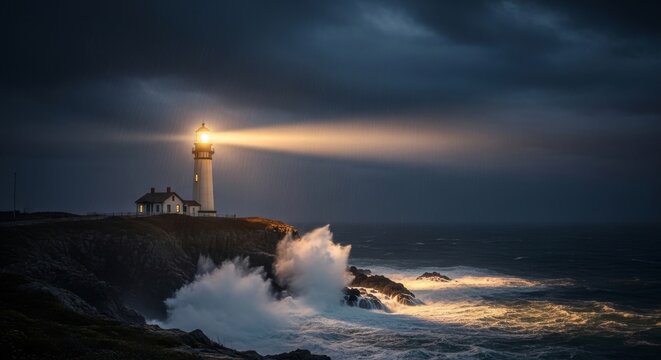 Lighthouse Beam Cuts Through Stormy Ocean Waves