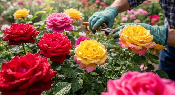 Gardener pruning vibrant rose bush in sunlight