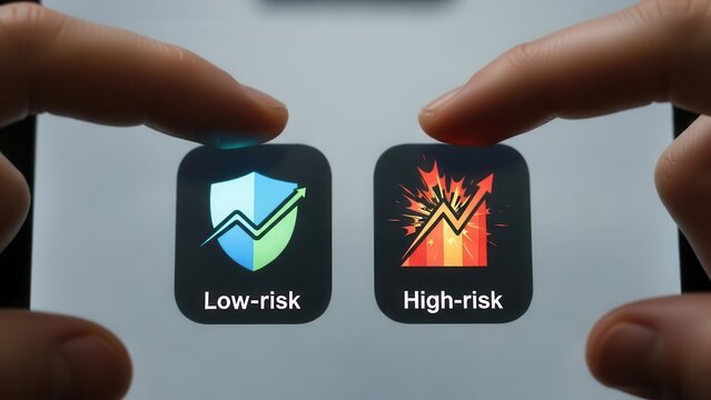 A clear and illuminated digital tablet display showcasing two contrasting financial app icons, 'Low-risk' represented by a protective shield with steady green growth and 'High-risk' by a volatile red