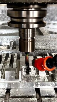 Close-up vertical shot of a precision CNC end mill cutting metal with intense coolant spray. Synchronous audio of high-pitched cutting sound included.