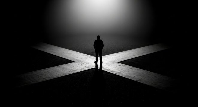 Person at Crossroads Facing Many Paths