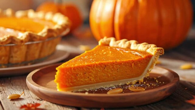 Delicious slice of pumpkin pie on a rustic wooden table with autumn decor
