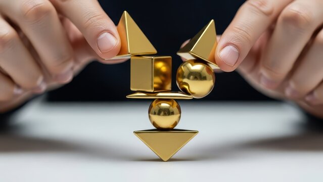 A pair of focused human hands meticulously constructing a precarious stack of polished metallic golden geometric shapes on a pristine white surface, set against a deep, dark background with soft