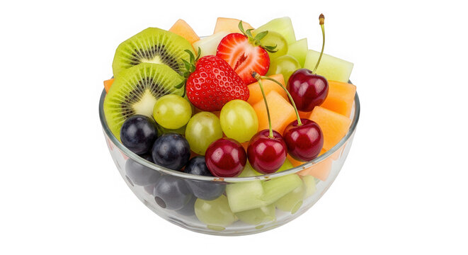 Fresh mixed fruit salad in glass bowl isolated on transparent background