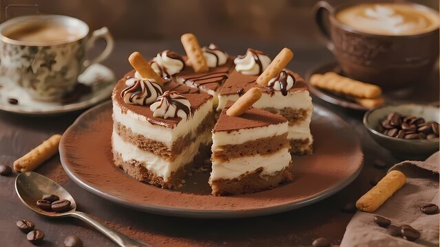 Layered coffee-flavored cake with cream filling, served with espresso and biscotti on a rustic table setting