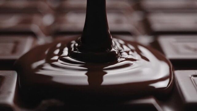 Mouthwatering image of liquid chocolate pouring onto chocolate bars. Perfect for food and dessertrelated designs, packaging, and advertising.