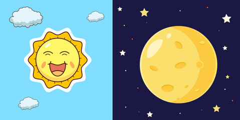 Fototapeta premium Day and Night Illustration – Sun and Moon Cartoon Design, Cute Weather Concept, Sky and Space Educational Graphic