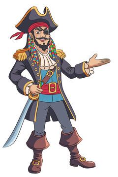 Pirate captain with a saber, in a doublet and a triangular hat isolated on a white background vector illustration.