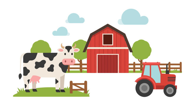 A cartoon cow stands near a red barn and tractor on a farm with green trees.