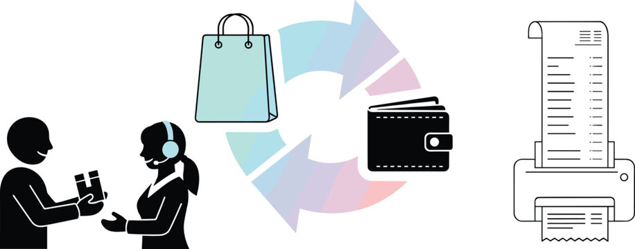 Customer Service, Shopping, Payment, and Receipt Process Illustration for E-Commerce, Retail, and Business Transactions