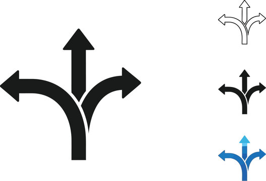 Black vector icon illustration of three arrows branching out from a single point, symbolizing choice, direction, and multiple paths forward