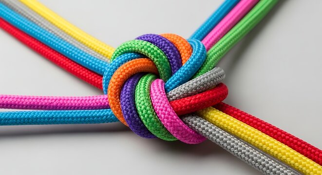 A complex knot made of many vibrant multicolored ropes symbolizing unity and connection in business