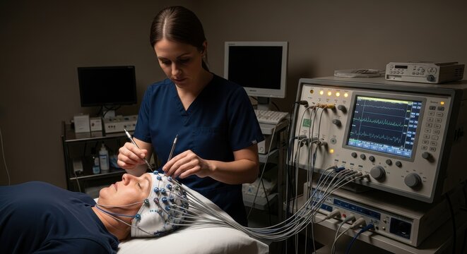 Medical professional prepares diagnostic monitoring equipment on patient lying down