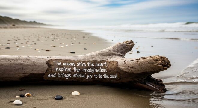 Inspiring Ocean Quote on Weathered Driftwood at Beach