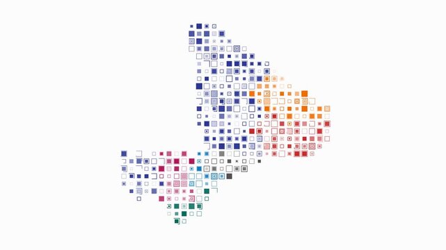Mali dotted animation. Shape of the country build of pulsating colored dots. Large size square blocks. Digital style map on white background. Plain video.
