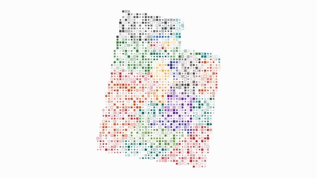 Utah animated shape. Pulsating colored dots on the map of the state. Small size square blocks. Digital style Utah map on white background. Vibrant animation video.