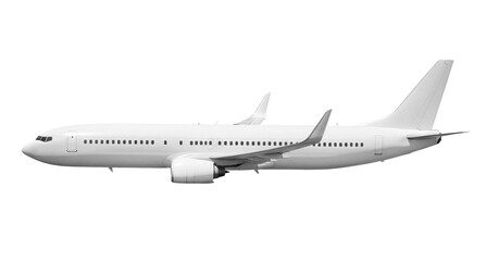 Obraz premium Close up side view of white airplane fuselage showing windows and winglet during flight isolated on a transparent background for airline branding and transportation marketing materials