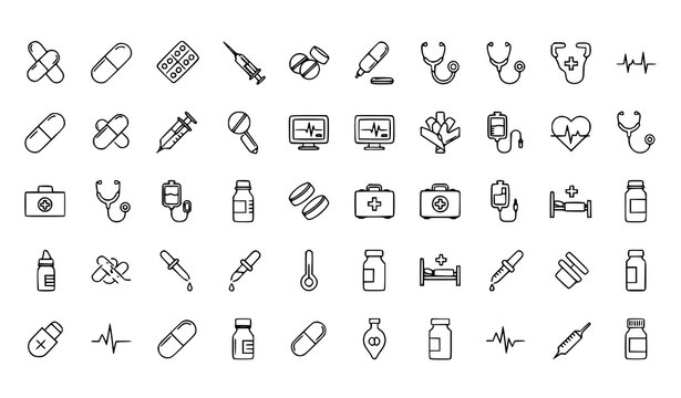 Healthcare and Medical Line Icon Set Featuring Pills, Capsules, Bandages, Stethoscope, Syringe, IV Drip, Heart Monitor, and Hospital Equipment for Clinical and Pharmacy Design