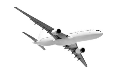 Obraz premium Dynamic low angle of white airplane flying upwards, wide body aircraft with engines and wings in perspective, commercial jet travel, isolated on a transparent background