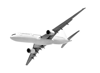 Obraz premium Rear perspective low angle of white airplane during flight, commercial jet with visible tail and engines for travel industry, isolated on a transparent background