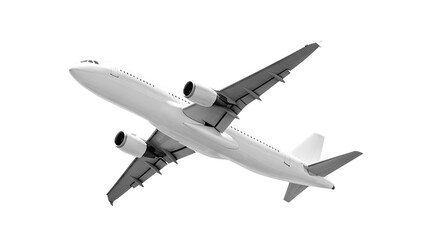 Obraz premium Bottom view of white airplane climbing during takeoff, commercial aircraft wing and engine details, passenger aviation transportation, isolated on a transparent background
