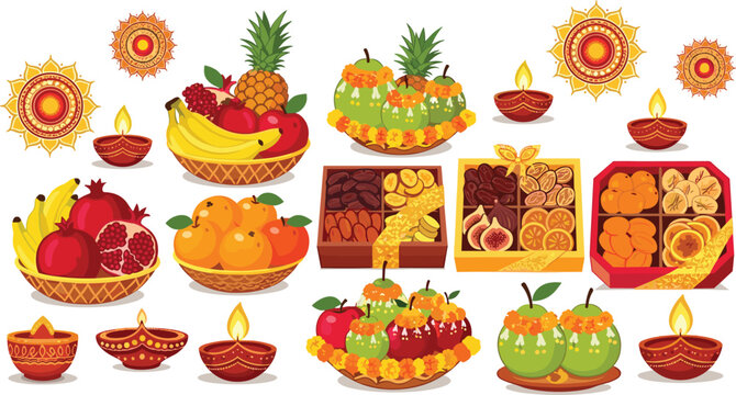 Diwali Festival Offering Vector Set with Fruits Mithai Sweets Diyas Decorative Rangoli Symbols and Puja Arrangements Traditional Indian Celebration Collection for Holiday Design Projects