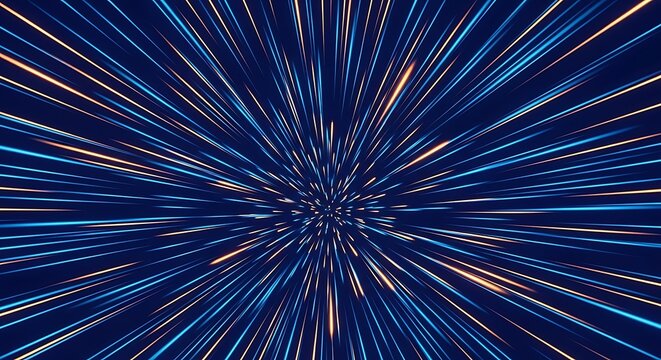 A vibrant digital illustration of light streaks creating a high speed warp drive effect in space