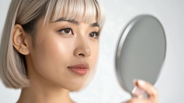 Woman checking face in mirror touching skin representing beauty routine and self care