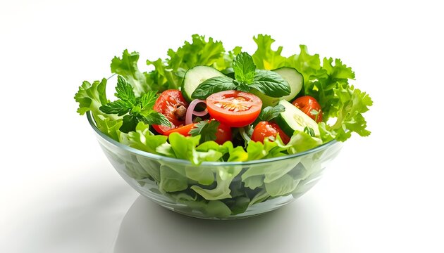 Fresh green salad bowl with lettuce, cucumber, tomato, and herbs on white background