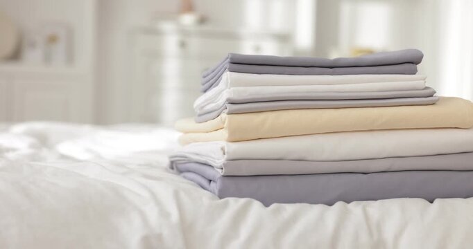 Stack of fresh linens on bed indoors, closeup. Camera moving backwards and right