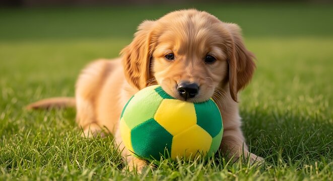 A playful golden retriever puppy lies on the grass with a colorful ball Brazil 2026 soccer world championship green and yellow.