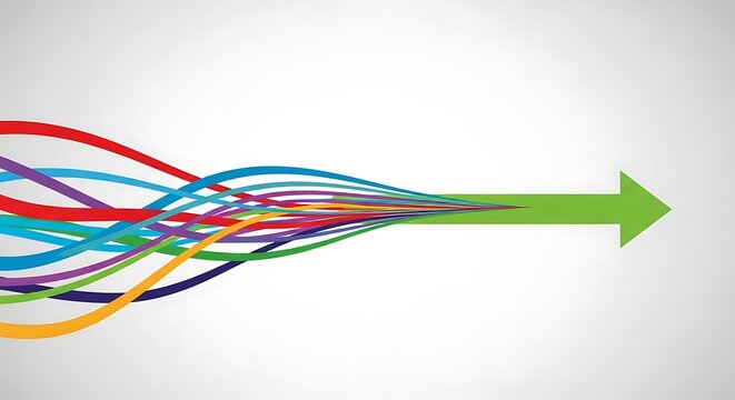 A conceptual illustration of multiple colorful lines converging into a single solid green arrow