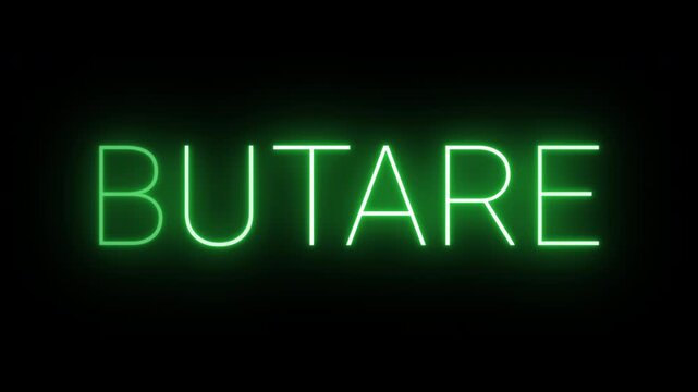 Flickering neon green glowing butare sign animated on black background