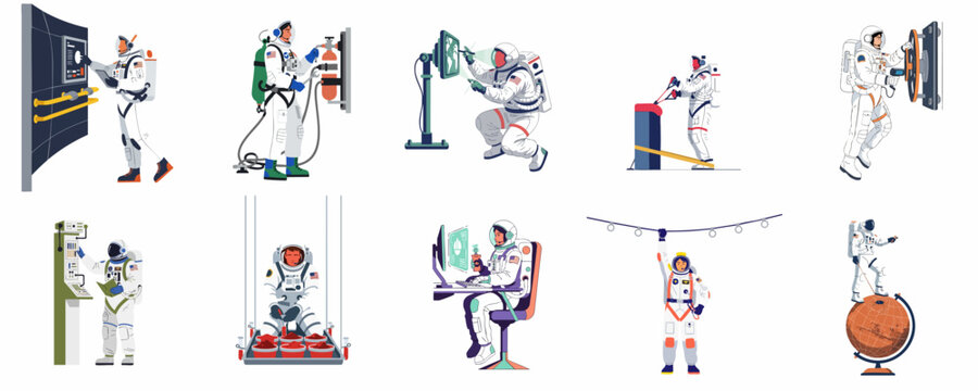 Flat Vector Illustration Set of Astronauts Working, Training, and Exploring in Space for Science and Technology Projects