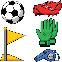 Soccer Equipment Icon Set Including Football Ball, Cleats, Goalkeeper Gloves, Corner Flag, and Referee Whistle for Sports Training and Match Designs © MstJuli