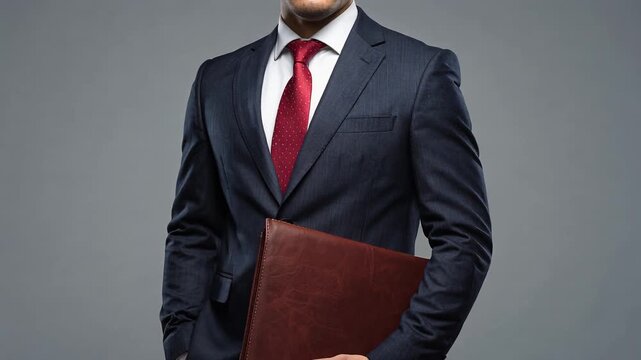 Businessman in formal suit holding folder against dark background representing professionalism and authority