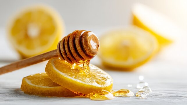 Honey Dripping from Wooden Dipper onto Fresh Lemon Slices