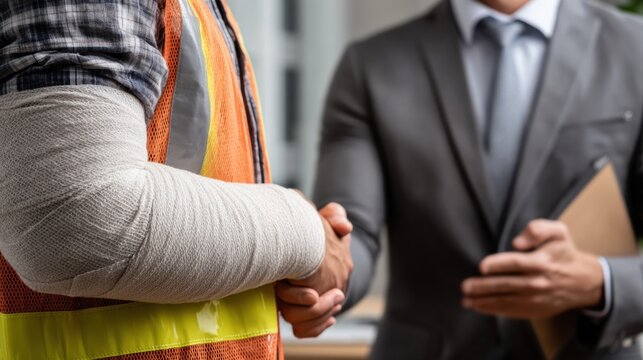Consultation Taking Place Between a Workers Compensation Attorney and a Construction Worker With an Arm Injury in a Simple Setting