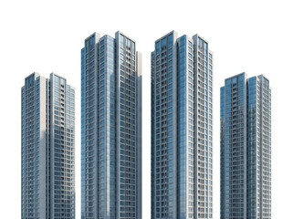 Fototapeta premium Four modern high rise residential skyscrapers with glass facades isolated on a black background isolated on transparent background