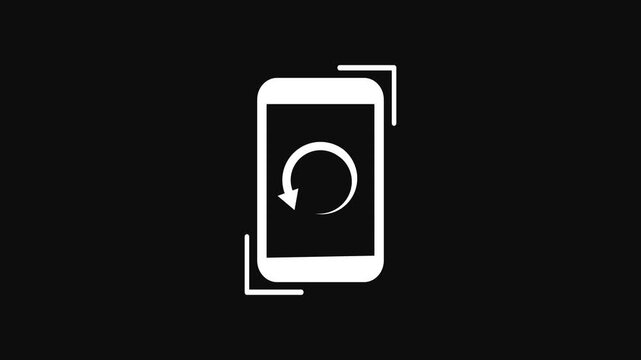 Smartphone rotation screen motion graphics animation featuring white icon on black background with circular arrow indicator for mobile device orientation change or app interface transition