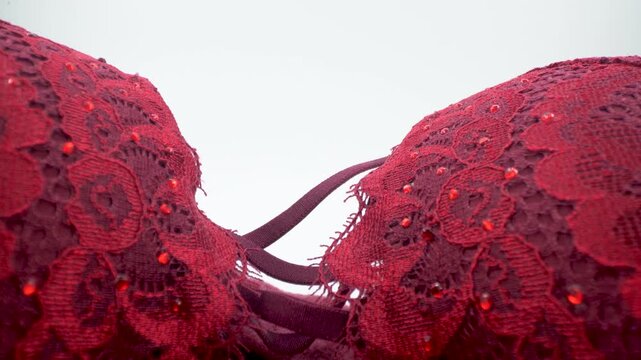 Close up of red lace bra with decorative bead details.