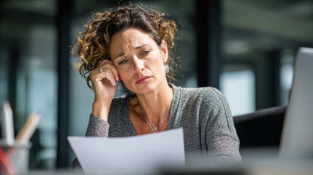 Professional Woman in Office Reacts to Termination Letter While Seated at Her Desk During Working Hours