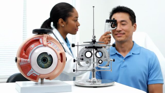 Optometrist performing an eye exam on a male patient using an eye chart and model. Professional healthcare setting with medical equipment.